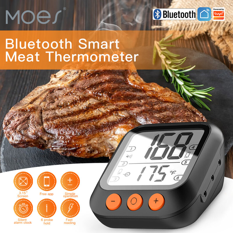 MOES Lebensmittel Thermometer,Bluetooth Smart BBQ Thermometer, Lebensmittel Grade Sonde für BBQ, Ofen, backen und Kochen, Timer und Tuya SmartAlarm