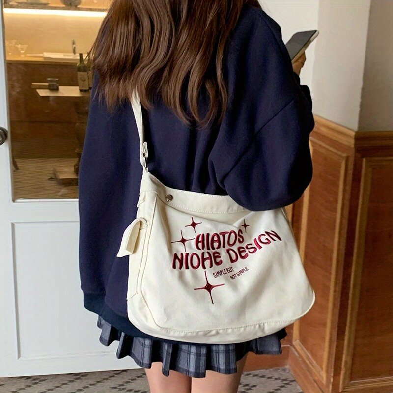 Джинсовая женская сумка через плечо, дизайнерская вместительная дамская сумочка с надписью, мессенджер из ткани под джинсы, повседневный саквояж кросс-боди