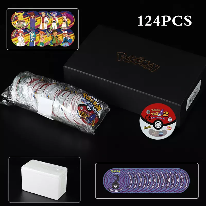 Pokémon Tazos Card Album Box, Plástico, Cartão Redondo, Trainer Coleção Rara, Coleção de Cartas de Jogo, 1, 2, 3 Geração, 175, 124, 141, 28 Peças