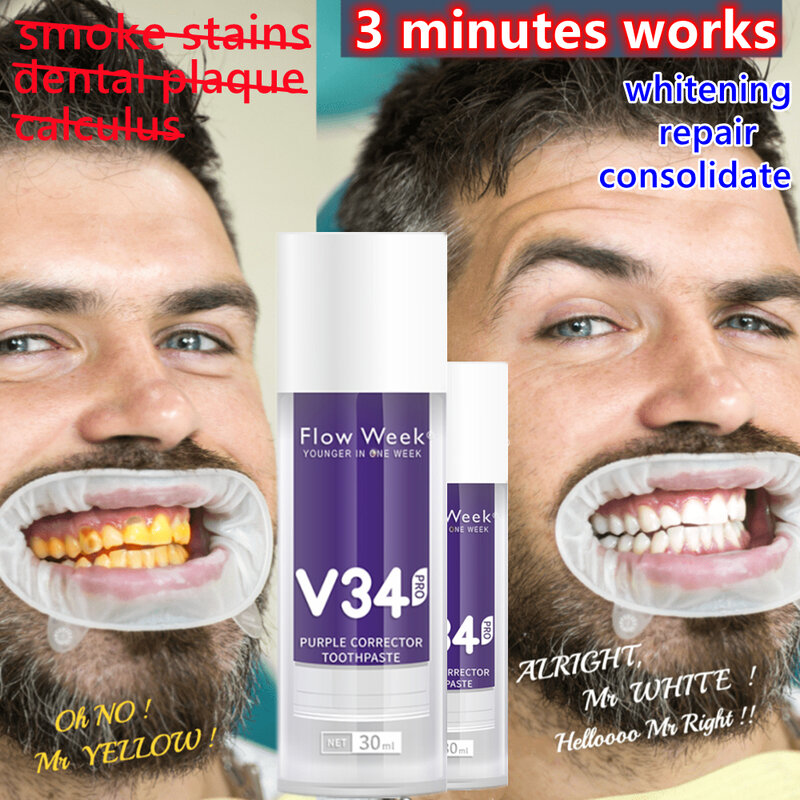 Dentifrice anti-sensible pour la réparation des dents, gel blanchissant, élimine la fumée, haleine fraîche, blanc brillant, plaque SAF, V34