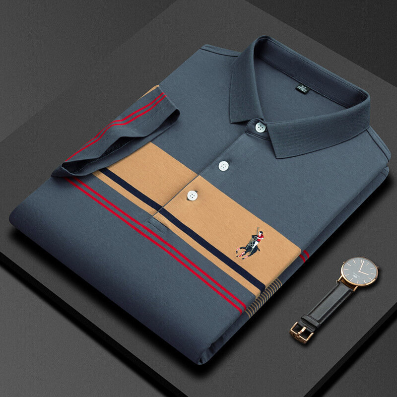 Męskie koszulki Polo biznesowe bawełniane koszulki z krótkim rękawem haftowane klapy w paski Casual oddychająca nowa męska odzież designerska
