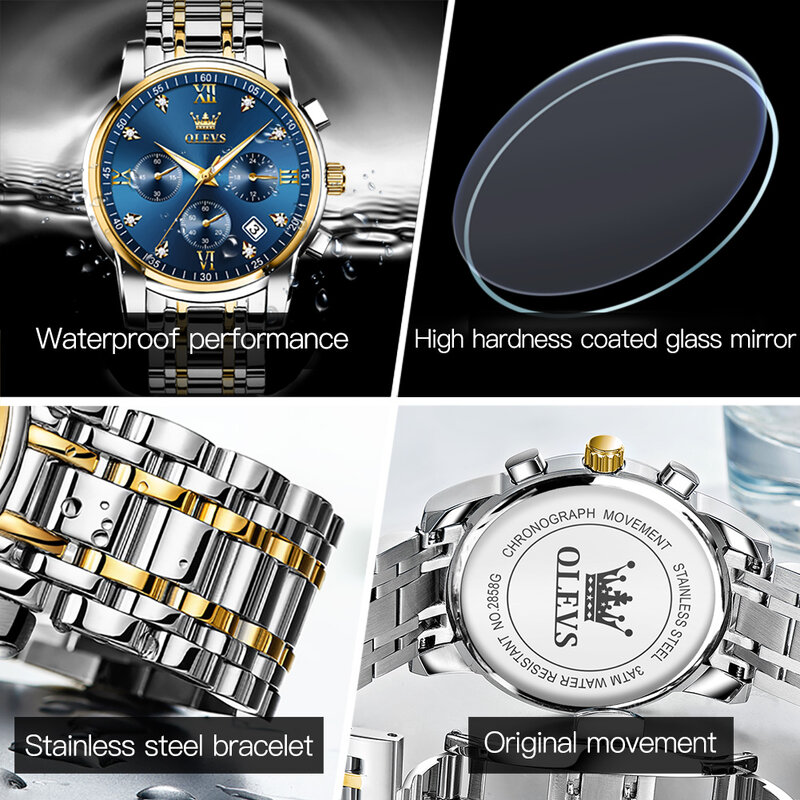 OLEVS Multifunctional Three-eye Great Quality Business Men Wristwatch Stainless Steel Strap Quartz Waterproof Watch for Men