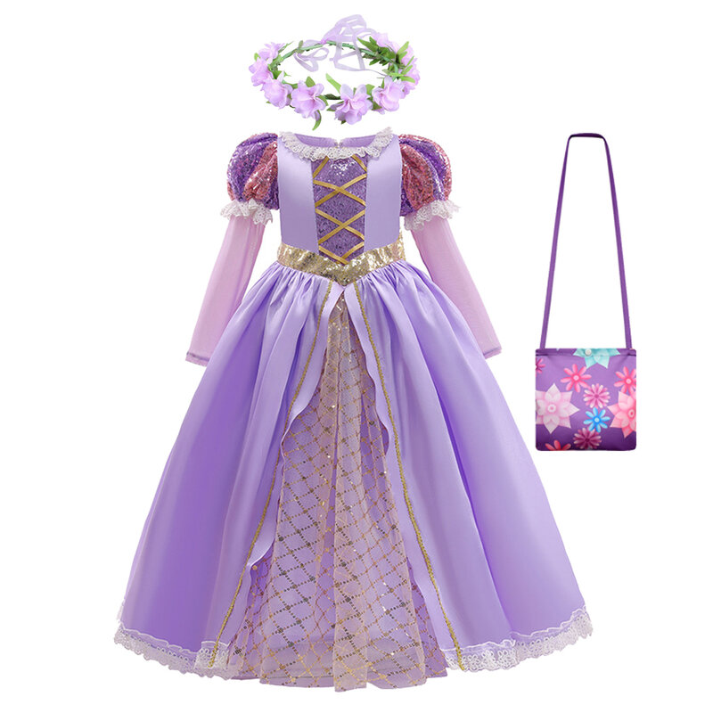 Rapunzel Princess Costume For Girls Full Sleeves Mesh Ball Gown Prom Kids Cosplay Halloween Party Dress Birthday Robe Clothes