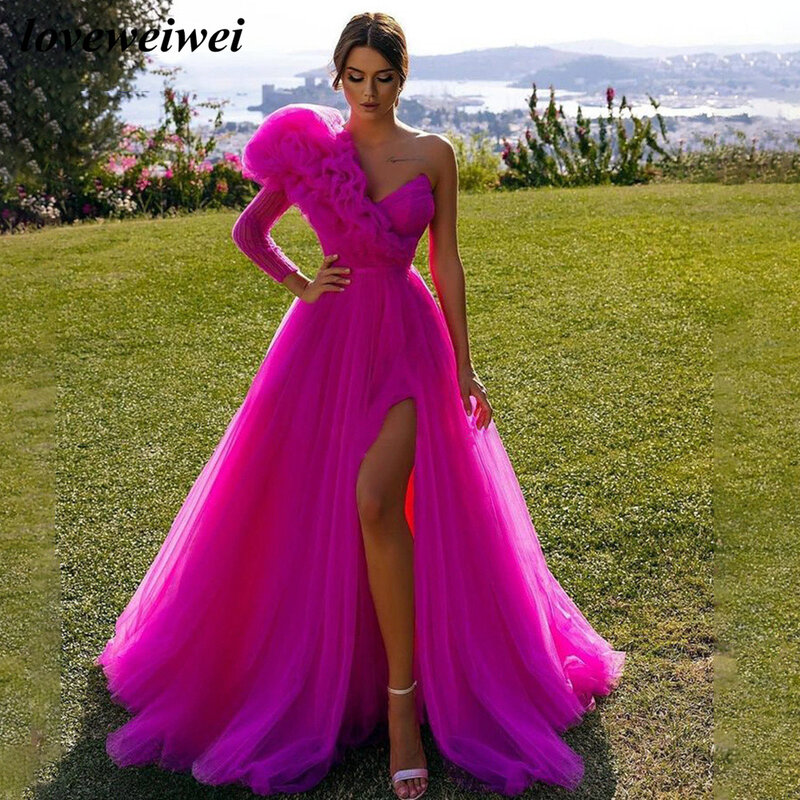 Fuchsia Evening Dress Vestidos De Fiesta One Sleeve Puff robes de soirée Leg Slit prom dresses A Line Party Dress abendkleider