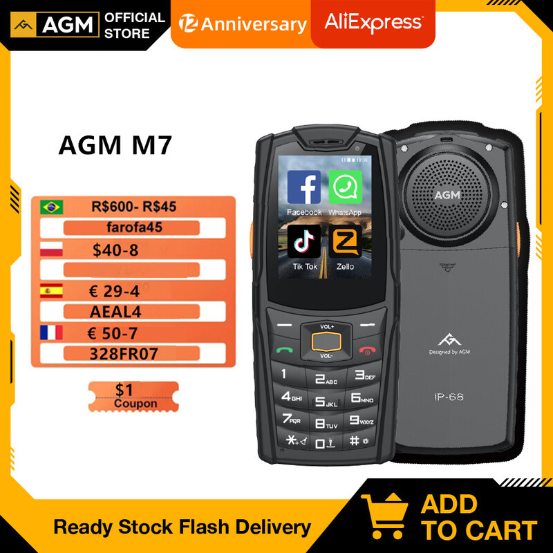 AGM M7 4G Dual Sim Push Button Phone Big Speaker Keypad IP68 Rugged Phone 2500mAh Mobile Phone Type-C Touch Screen Feature Phone