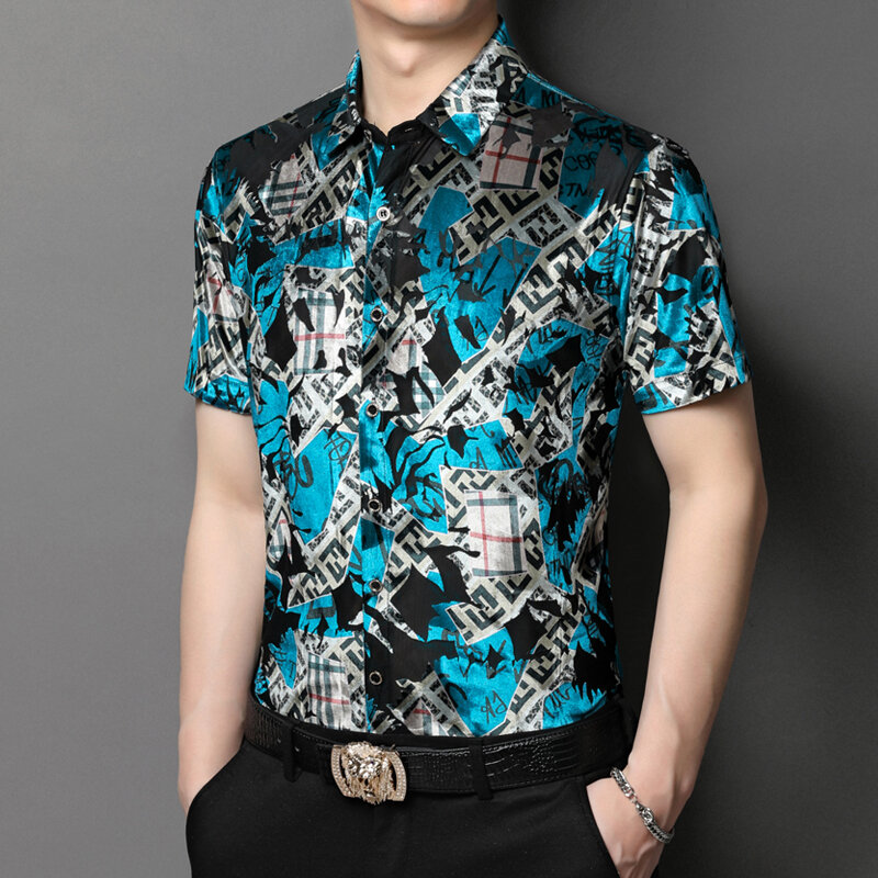 Novo high-end camisa masculina de manga curta no verão lazer e ferro-livre gelo seda negócios magro camisa