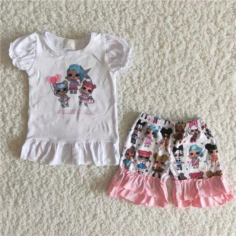 赤ちゃんと子供の服のセット,半袖の白いプリントTシャツ,漫画のショートパンツ