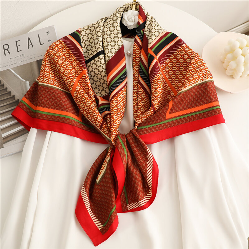 Foulard carré en sergé de soie et Satin pour femme, marque de luxe, Hijab, bandeau de couleurs, châles enveloppés