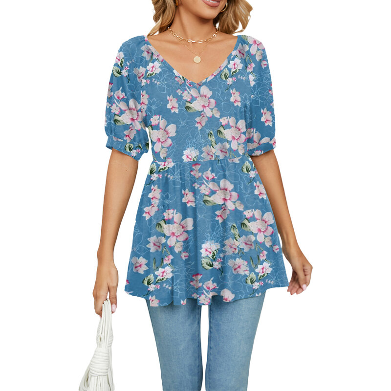 Spring and Summer Women's Dresses New V-neck Print T-shirt Bubble Short Sleeve Tunic Top Women