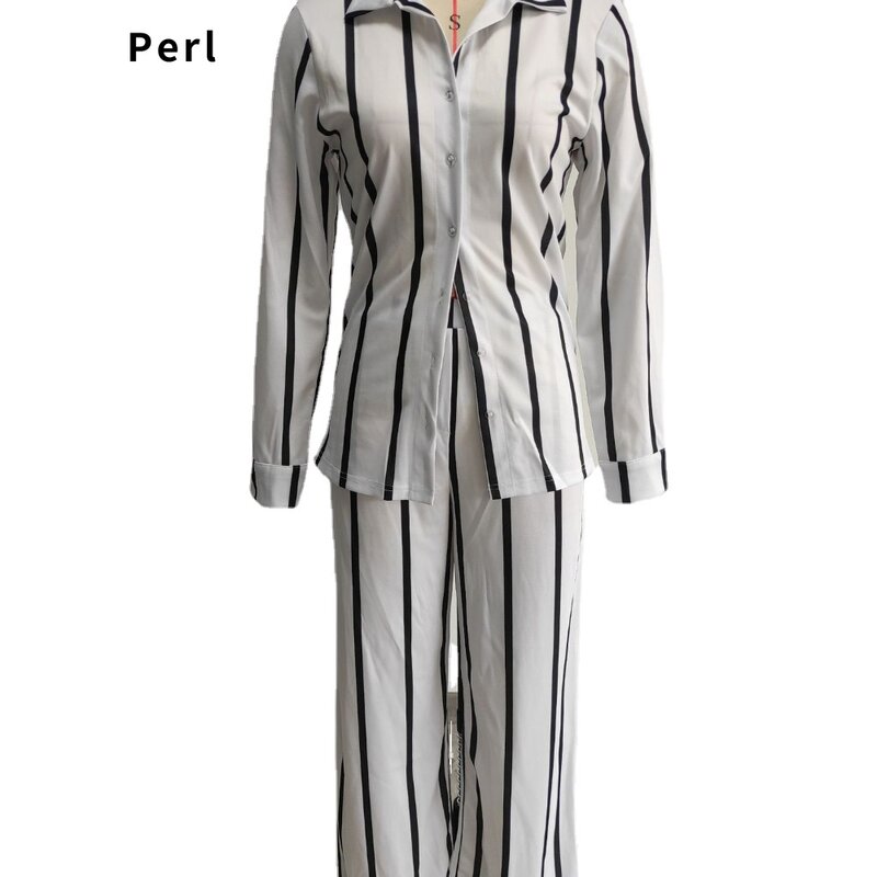 Perl Stripe Full Sleeve Top+straight Pant Suit Two Piece Sets Womens Outifits OL Office Female Clothing Ensemble Femme 2 Pièces