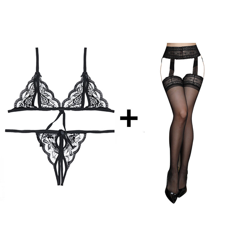 Conjunto lingerie sexy feminino 3 peças, vestuário exótico, malha preta, sutiã e calcinha, meia rede, conjuntos exóticos 2021