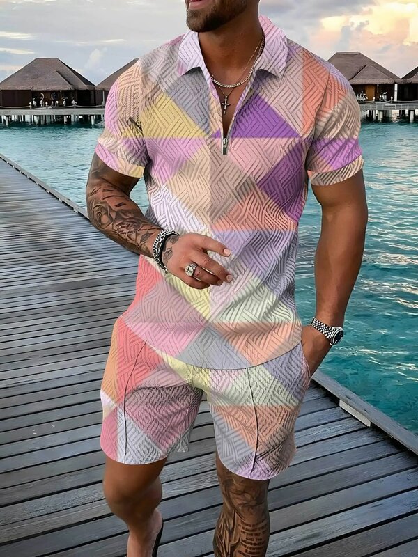 Activo masculino padrão geométrico manga curta zip lapela polo camisa e shorts definir masculino casual streetwear 2 peça terno de verão