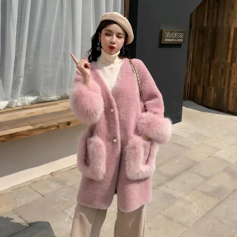 2022 Winter Coat Imitation Sheep Shearling Fur Coat Women's Fox Fur Slimming Long Coat Pink Thickened Outerwear Manteau Femme