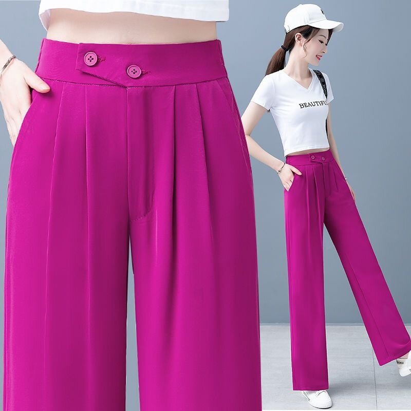 Chic Women Pants Elegant 2023 Office Lady Summer Spring Casual Suit High Waist Wide Leg Black Red Pink Trousers Loose Streetwear