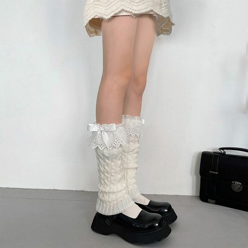 Jambières en fibres acryliques Kawaii pour femmes, couvre-pieds à nœud, manches de jambe Lolita, chaussettes à tube moyen JK pour filles, automne, hiver