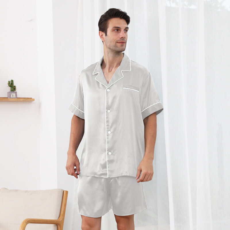 Momme-Pijama de seda de morera para hombre, ropa de dormir de dos piezas, pantalones cortos de manga corta, Color sólido, 100% puro, verano 19