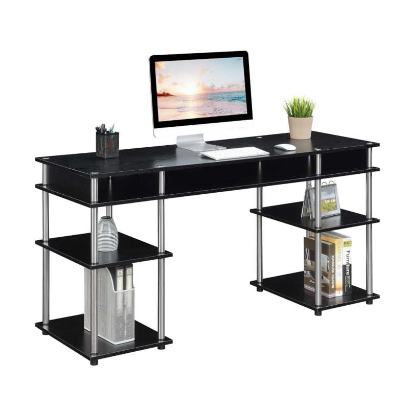 Роскошный студенческий стол с полками, 60 дюймов, черный/серебристый столбики, компьютерный стол, кабинет, офисные столы