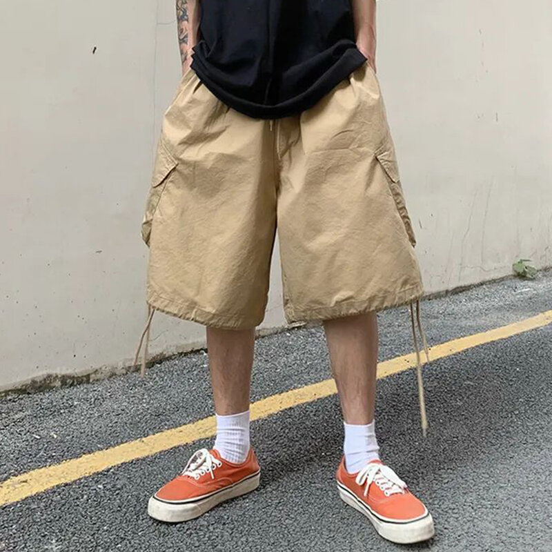 Mens Trendy Large Pocket Design Cargo Shorts Retro Straight High Street Hip-Hop Sports Trend Loose Casual Wide-Leg Cropped Pants