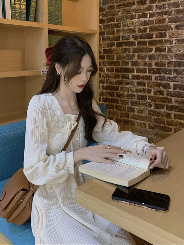 Outono e inverno 2022 novo vestido de mulher coreana magro cintura alta moda versátil quadrado pescoço feminino a-line vestido