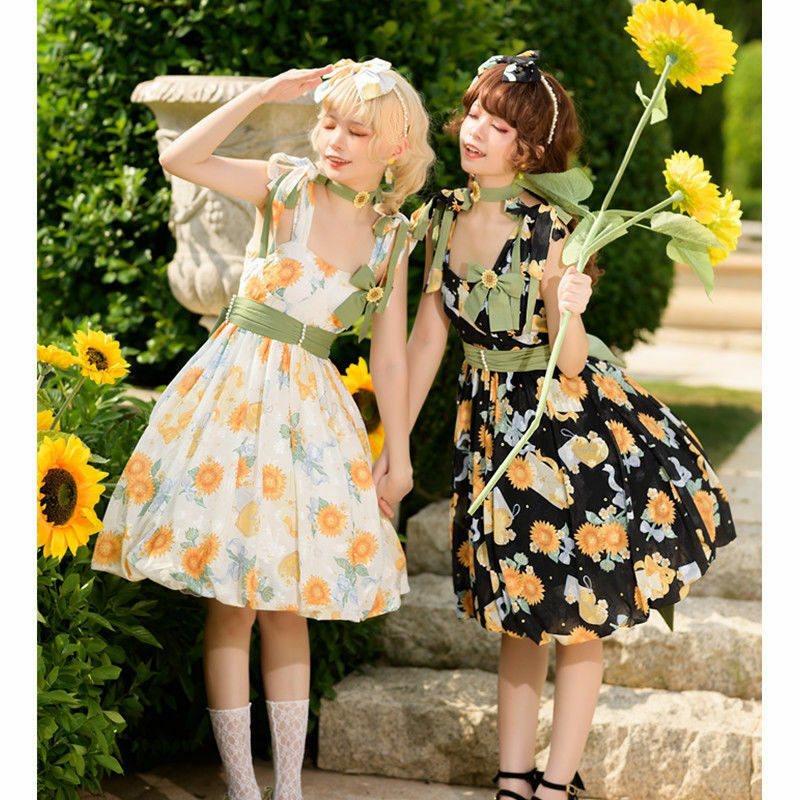 Kawaii Lolita Jsk Dress Women Summer Sweet Sunflower Print Ruffles Party Sling Dresses Girls Sleeveless Princess Mini Sundresses