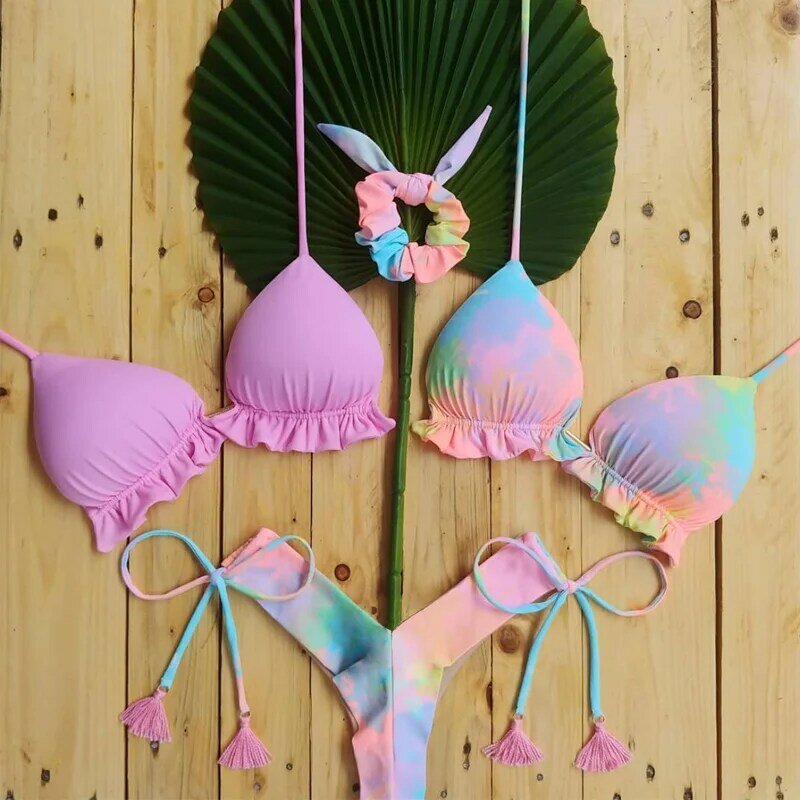 2022 quente 3 peça rosa mulher praia outing banho floral impressão bikini conjunto biquinis feminino maio tanga maiô
