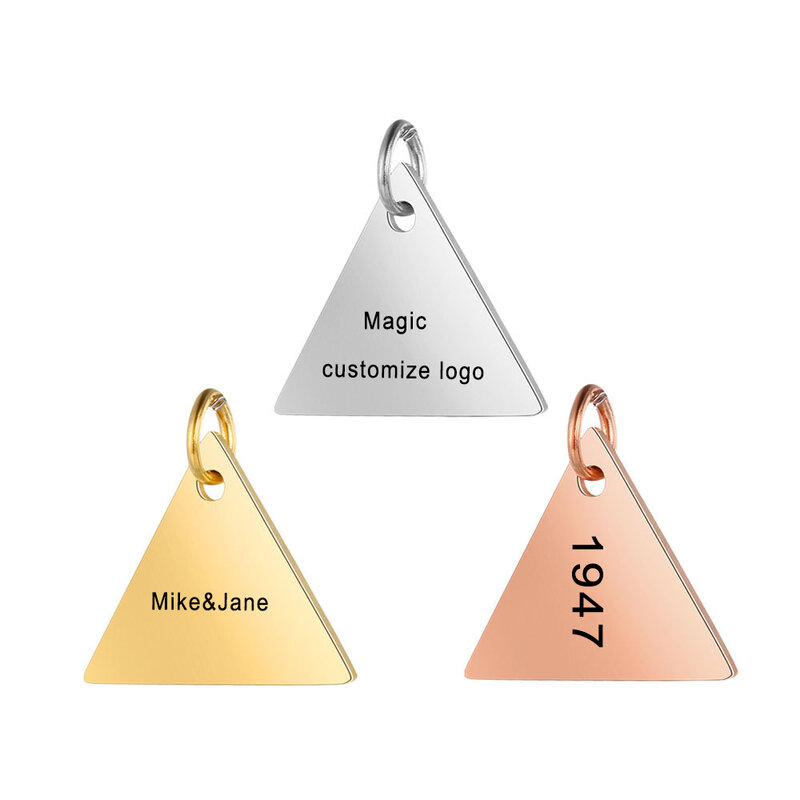 Pingente de triângulo personalizado para fazer joias, pingente triangular de aço inoxidável dourado, grava logotipo, letra, faça você mesmo, pulseira, colar, lote