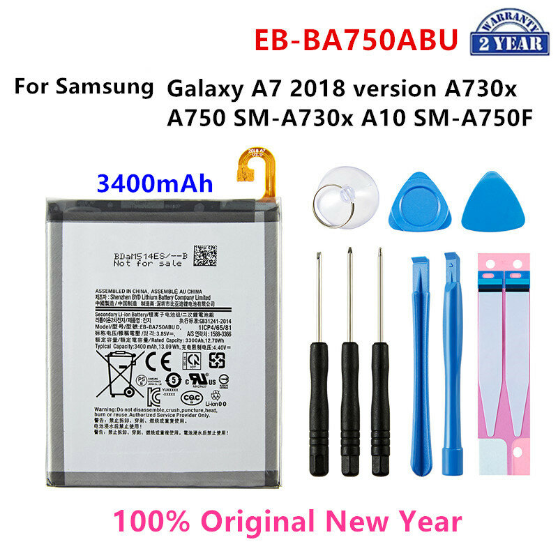 Bateria para Galaxy A7, EB-BA750ABU, 3400mAh, A730x, A750, SM-A730x, A10, SM-A750F, Ferramentas, 100% Original, Versão 2018