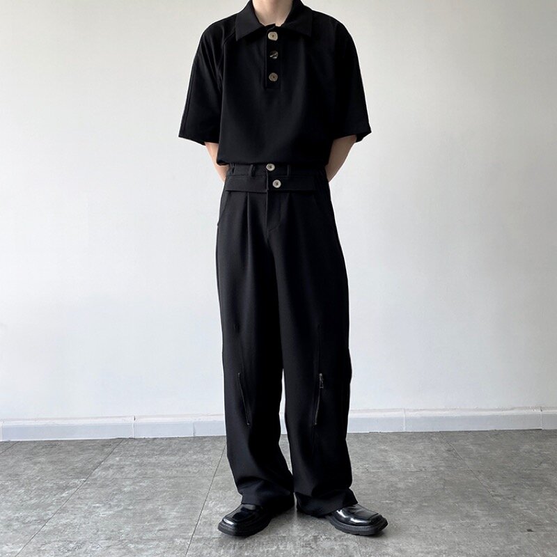 Pantalones anchos con personalidad para hombre, pantalón de diseñador de doble cintura con cremallera, ropa de calle holgada para jóvenes, ropa de Japón