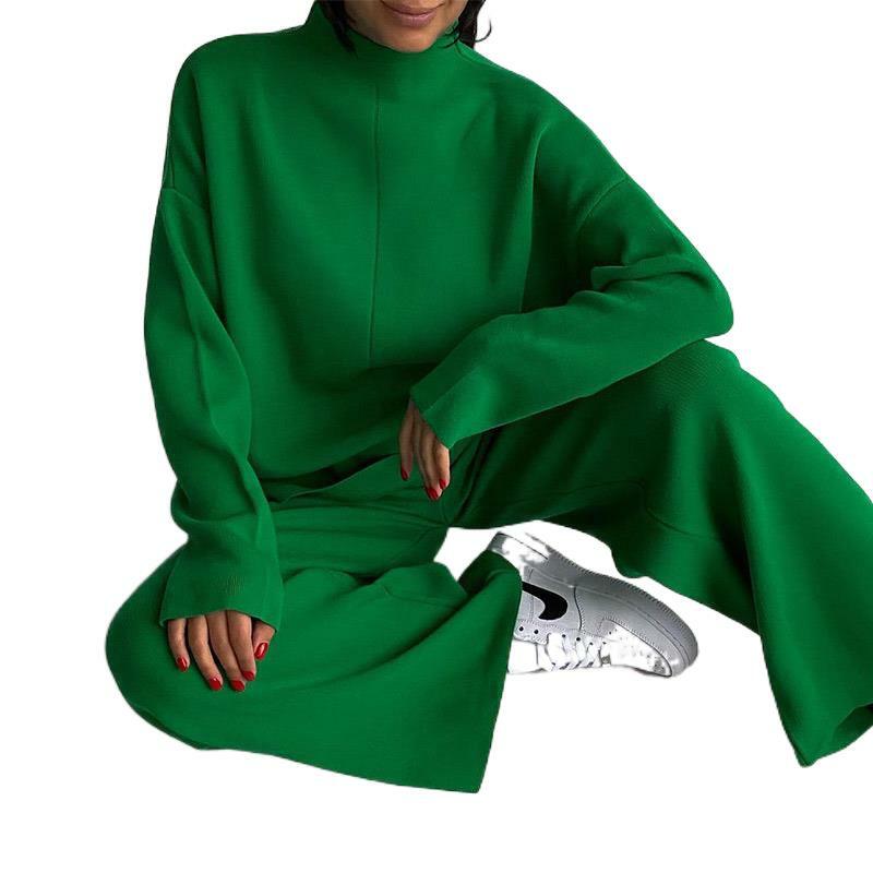 니트 바지 세트 2 피스/세트 여성용, 캐주얼 단색 긴 소매 상의 및 와이드 레그 팬츠 2022 가을 겨울 패션