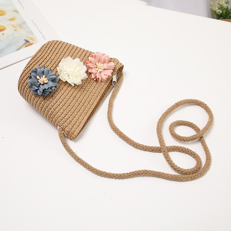 Mini bolso de hombro de ratán Floral para niña, bolsa de playa de paja, bandolera informal para niño, bolso de mano para niño