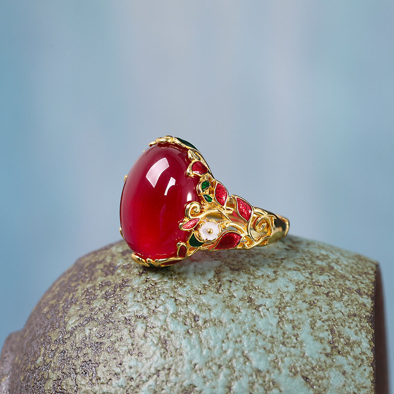 Damskie czerwone pierścionki zaręczynowe korundowe srebrne dla kobiet Trendy Vintage emalia pierścionki 925 srebro ręcznie robione złoto Fine Jewelry