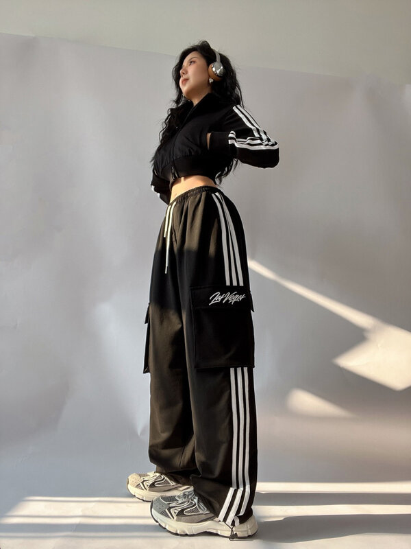 Calça de moletom listrada vintage feminina, estilo coreano, streetwear grande, calças esportivas largas, corredores de hip-hop, Y2K