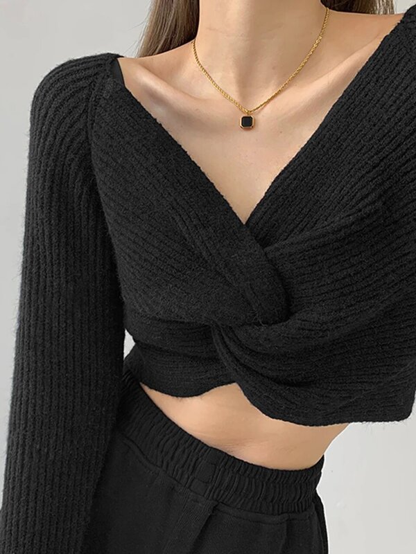 빈티지 v넥 스웨터 여성용 Y2k 의류, 트위스트 크로스 짧은 한국 패션 스트리트 웨어 스웨터 가을 긴 소매 탑 2022