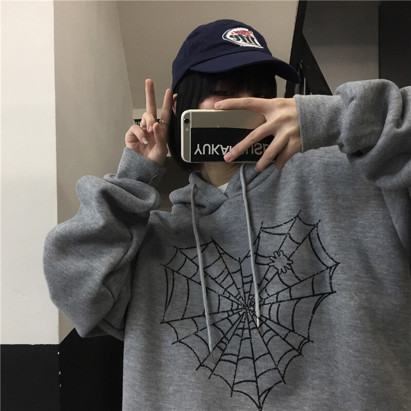Herfst Hip Hop Vintage Tops Y2k Kleding Gothic Spider Web Grunge Hooded Sweatshirt Plus Fluwelen Casual Streetwear Punk Oversize
