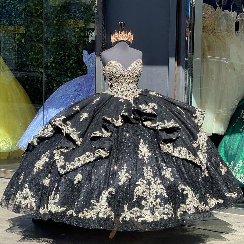 Черное изысканное платье Quinceanera мексиканское милое кружевное бальное платье с аппликацией без рукавов блестящее ТРАПЕЦИЕВИДНОЕ Пышное Платье для XV лет