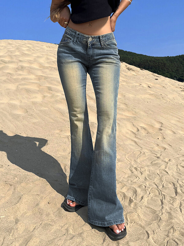 Jeans Bootcut Antik untuk Wanita Modis Y2K Pakaian Jalanan Seksi Anak Perempuan Potongan Rendah Pas Badan Elastis Celana Denim Menyala Dicuci Tertekan