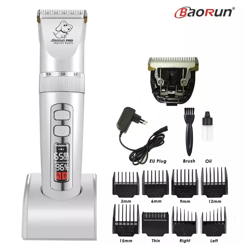 BaoRun P9 Professional Pet Dog Hair Trimmer Electrical Animals Grooming Clipper Rechargeable Cat Haircut Machine LCD Display