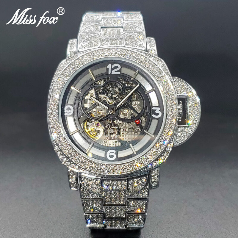 Iced Out orologi meccanici per uomo movimento scheletro impermeabile orologio automatico di lusso Large Hip Hop Diamond squares huseval