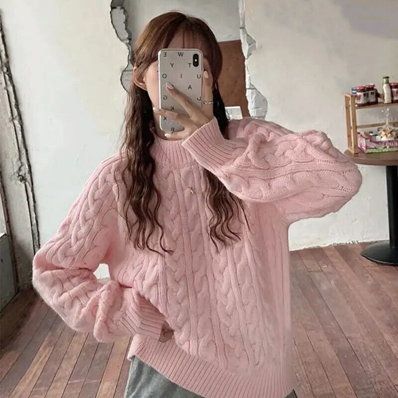 Retro Solid Color Twist Striped Sweater Women's Korean Version Loose Round Neck Pullover Knitted Jacket Autumn and Winter