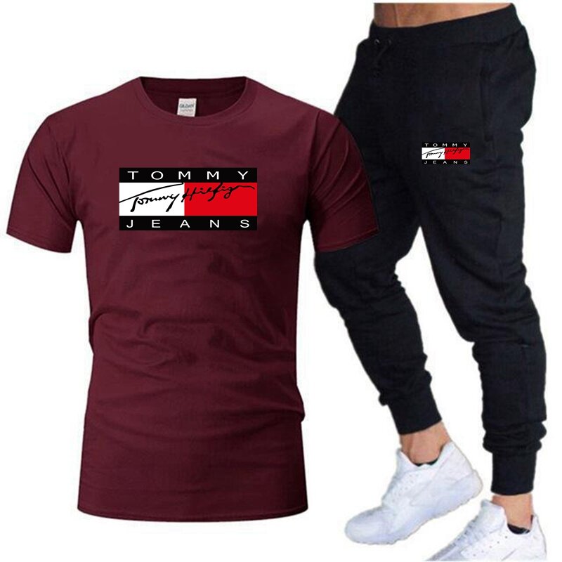 Nowa letnia moda T-shirt z krótkim rękawem i zestaw spodni, w stylu Casual markowa Fitness Hip-hop moda męska zestaw sportowy