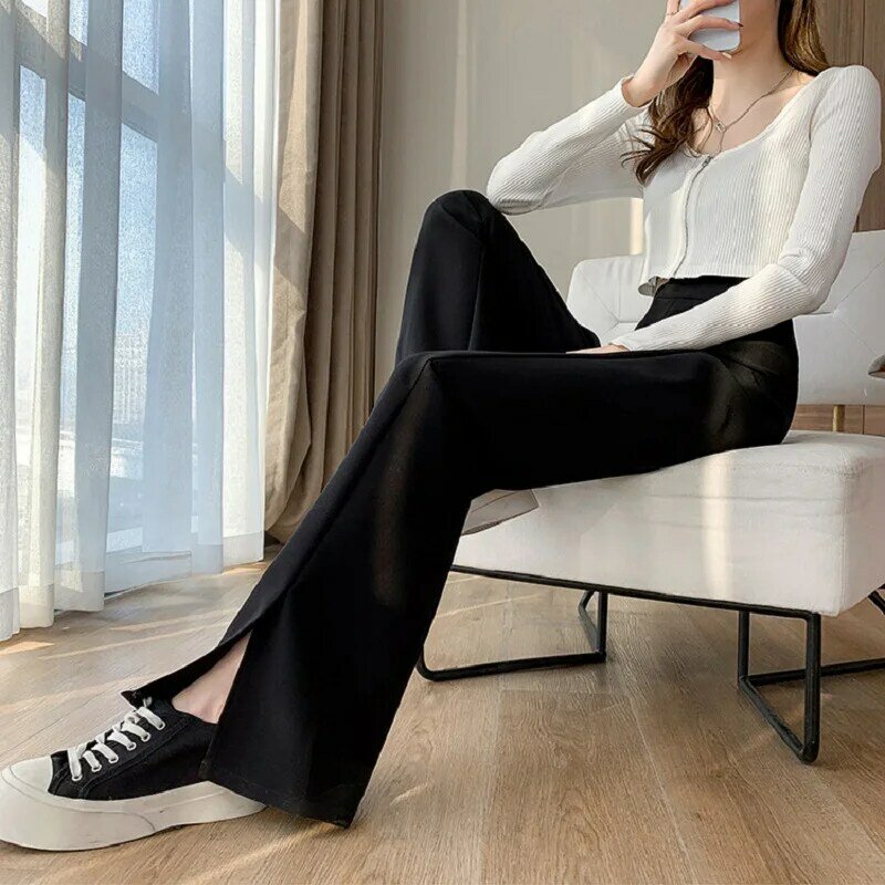 Wisher & Tong-pantalones acampanados lisos de cintura alta para mujer, pantalón de pierna ancha, holgado, coreano, para oficina, novedad de 2022