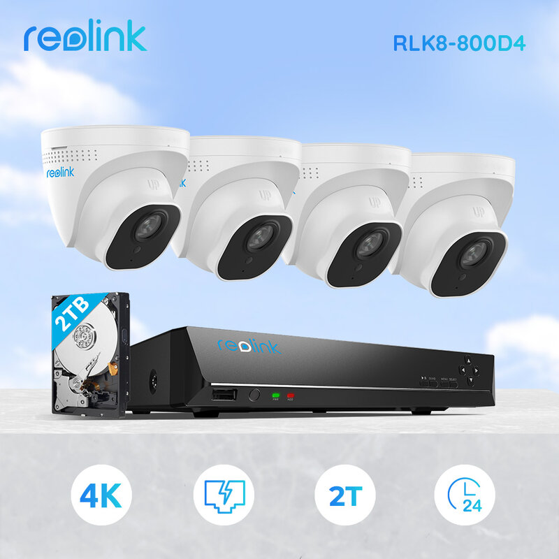Reolink 4K กล้องระบบ AI มนุษย์/รถ8MP PoE NVR เครื่องบันทึก4K PoE กล้อง IP 2TB HDD สำหรับ24/7การบันทึก RLK8-800D4