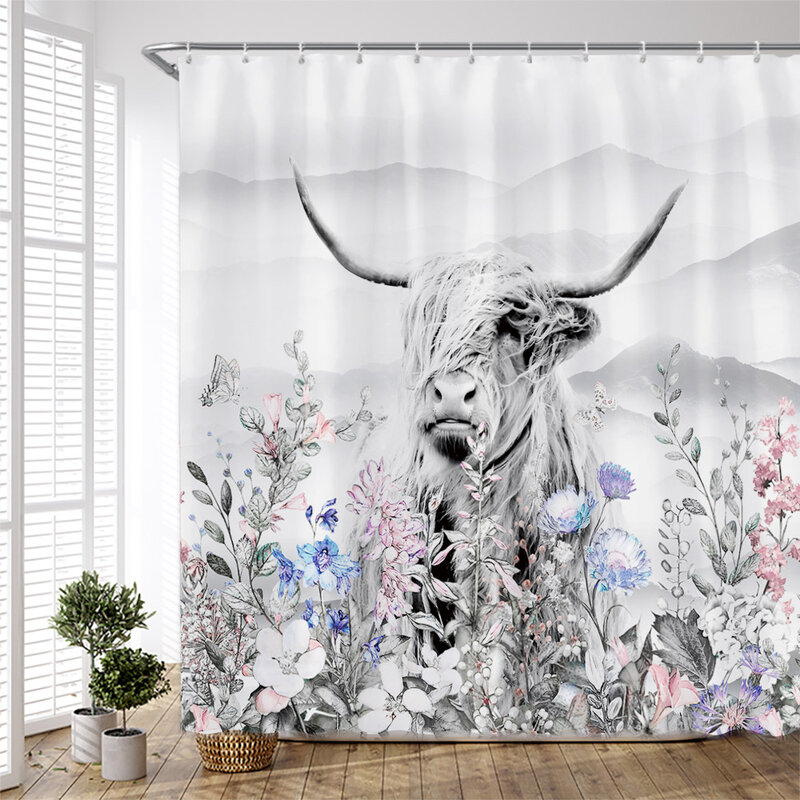 Cortina de ducha de ganado Highland, tablero de madera Retro, diseño de flores de granja, accesorios de decoración para el hogar, ganchos de pantalla para Baño