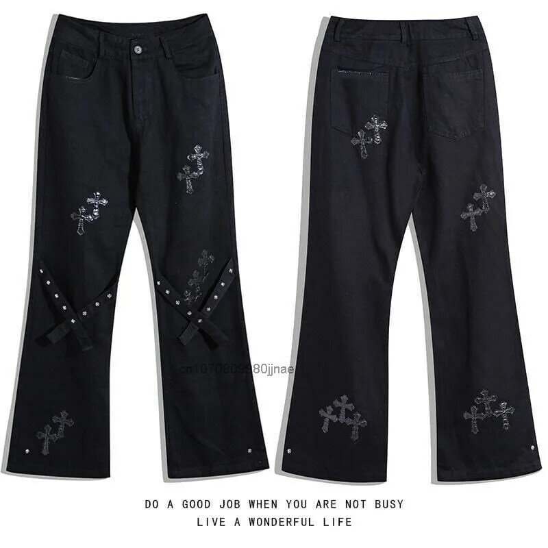 Harajuku-Pantalones largos informales negros para mujer y hombre, ropa de calle gótica de estilo Grunge, vaqueros con gráfico Y2k