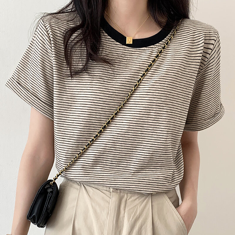 Camiseta a rayas clásica de verano para Mujer, Camiseta holgada informal de retales de estilo coreano de manga corta, Tops para Mujer