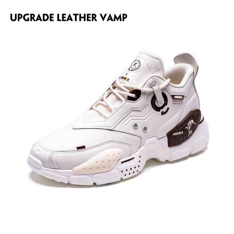 Onemix Loopschoenen Voor Mannen Lederen Vamp Lace Up Vrouwen Paltform Schoenen Lopen Sneakers Casual Mode Wit Chunky Papa Schoenen