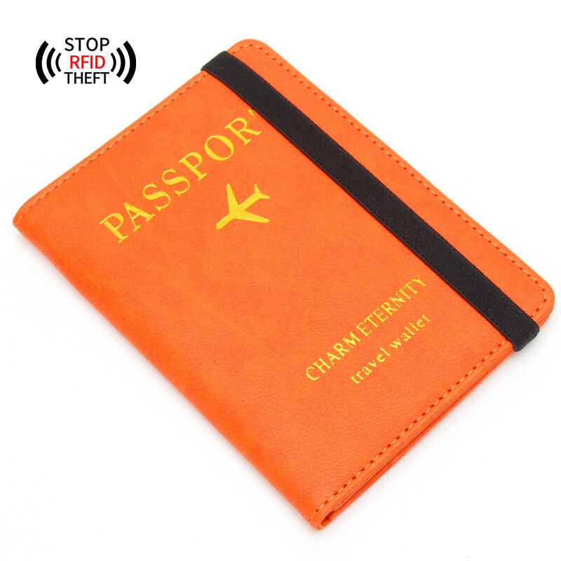 RFID Anti-magnetic Passport Holder Passport Book English Bronzing Ticket Clip Multi-card Elastic Band PU Leather Passport Cover