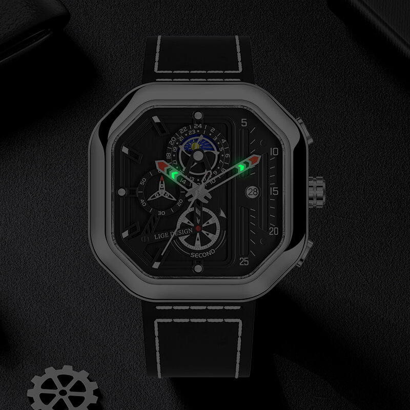LIGE Top Brand Men's Watches Luxury Square Quartz Wrist Watch Fashion Waterproof Luminous Chronograph Watch For Men Reloj Hombre