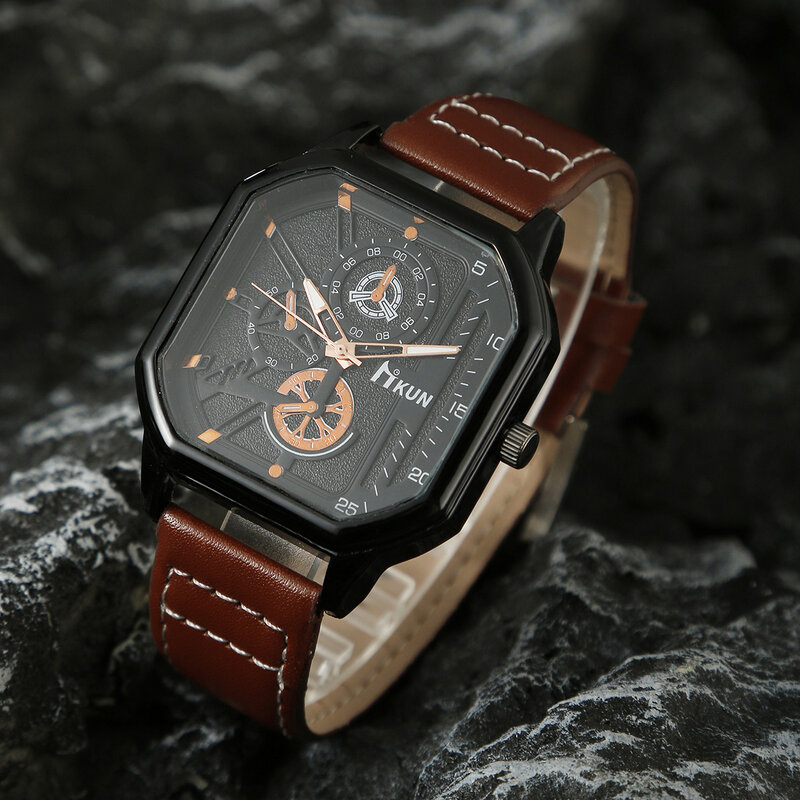 Relógios de pulso de quartzo com pulseira de couro para homens e mulheres, relógio retangular elegante, relógio simples preto e marrom
