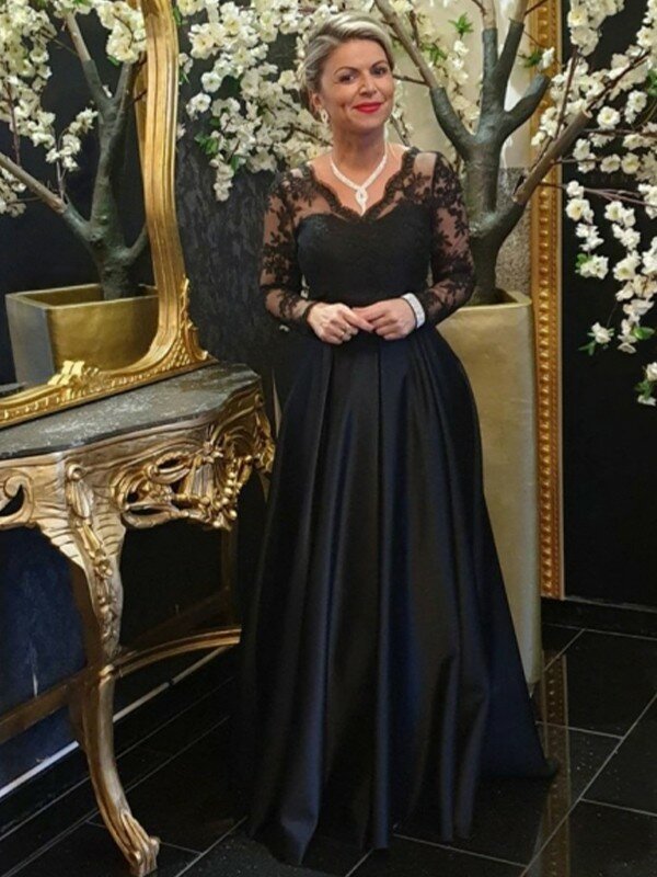 Vestido elegante De satén para madre De la novia, traje De encaje con cuello en V, mangas largas, color negro, 2023
